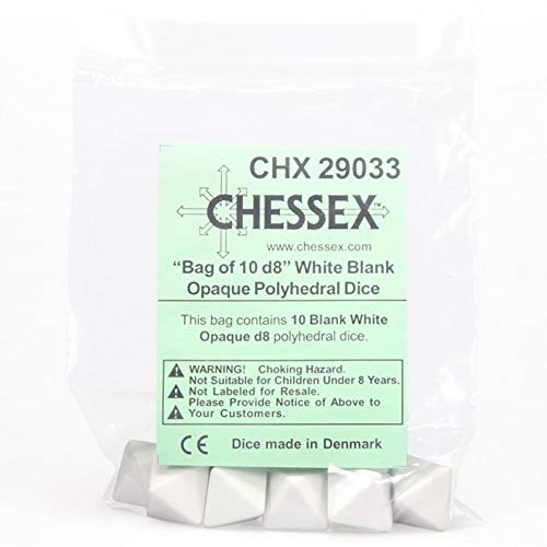 Chessex 29033 Opaque Polyhedral d8 Blank Dice, Bag of 10, White