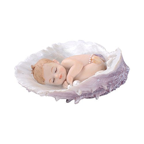 Comfy Hour Farmhouse Home Decor Collection Sleeping Baby in Seashell, Polyresin Figurine Decorated with Pearls, 4"(L) x 2"(H)
