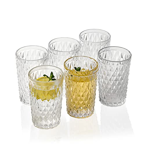 EVEREST GLOBAL Clear Highball Glass set of 6 Drinking Glasses 11 oz with Diamond Pattern Embossed High Clear Glassware for Party and Wedding