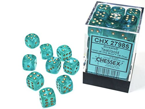 Chessex Borealis 12mm d6 Teal/Gold Luminary Dice Block (36 dice) (27985)