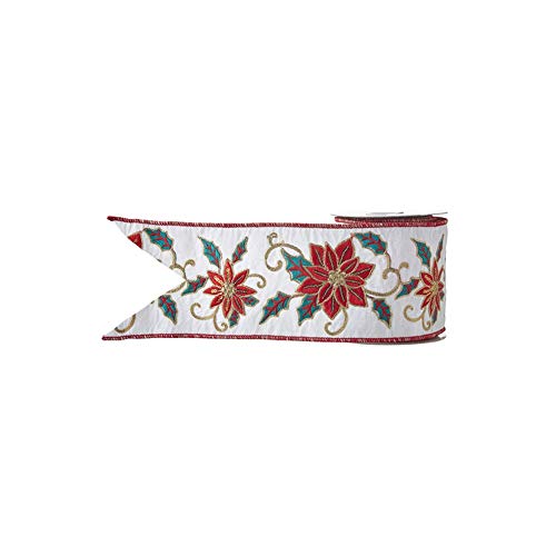 RAZ Imports 2021 Christmas Eve 4-inch x 5 Yards Embroidered Poinsettia Wired Ribbon