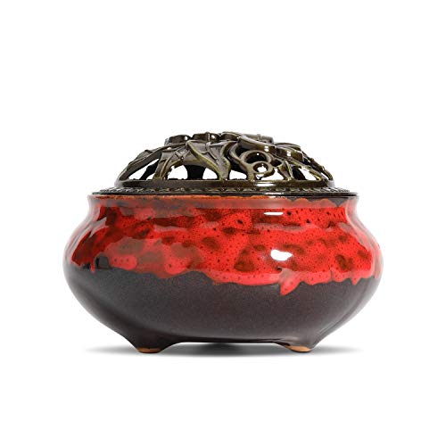 ComSaf Ceramic Incense Burner with Brass lid Set of 1, Stick Cone Coil Holder Ash Catcher Ideal Gift for Home Decor Yoga Spa Meditation