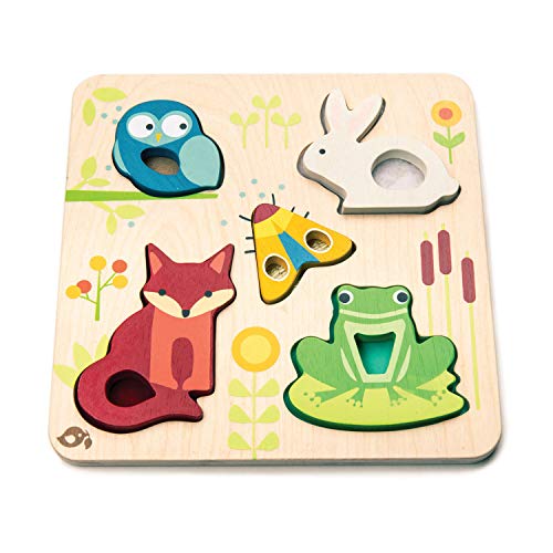 Tender Leaf Toys - Touchy Feely Animals - 5 Piece Wooden Shape Recognition and Dexterity Puzzle for Age 18m+