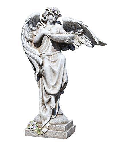 Roman Angel with Bird Bath & Flowers Garden Statue, 20-inch Height