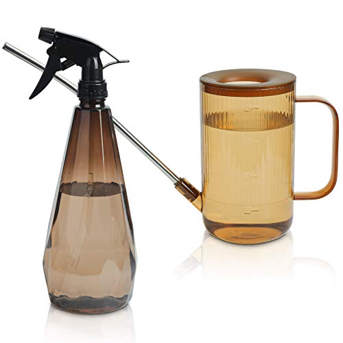 T4U 1L Watering Can Long Spout Plastic, Stainless Steel Spout Water Can with Fine Mist Spray Bottle for Indoor Outdoor Use, Modern Water Sprayer Bottle with Handle for Gardening and Cleaning (Brown)