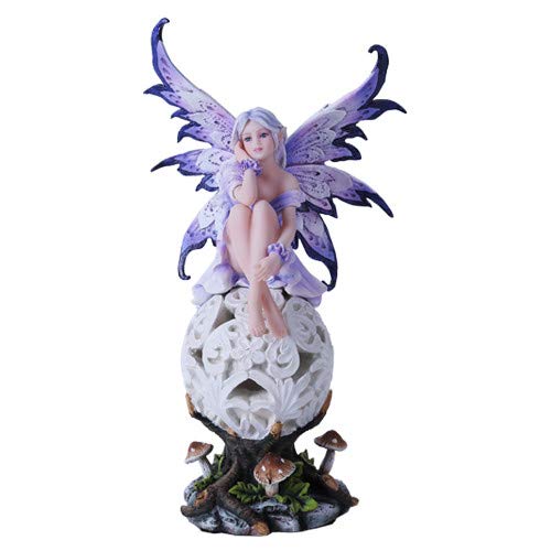 Pacific Trading Giftware Purple Elegante Flower Fairie Sitting on Changing Color Led Orb MeadowMushroom Fairy Statue