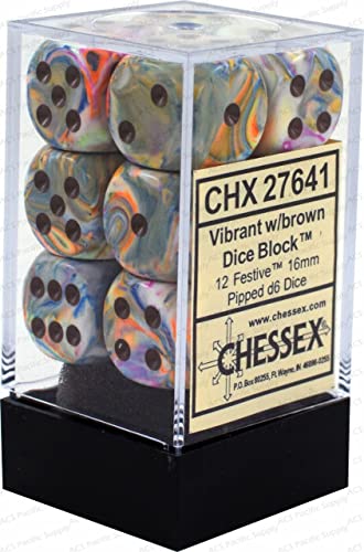DND Dice Set-Chessex D&D Dice-16mm Festive Vibrant and Brown Plastic Polyhedral Dice Set-Dungeons and Dragons Dice Includes 12 Dice – D6