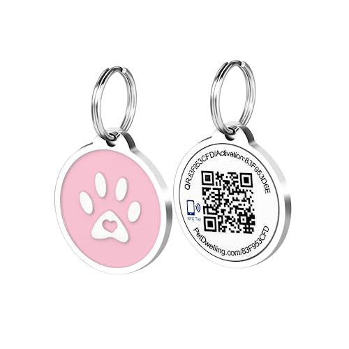 Pet Dwelling Smart QR Code-NFC Pet ID Tag - Dog Tags - Cat Tags - Online Pet Profile - Instant Email Alert -Scanned QR Tag GPS Location (Pink Paw)