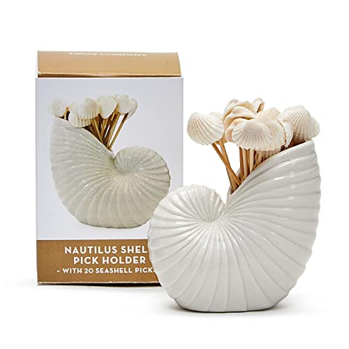 Two's Company Nautilus Shell with 20 Seashell Picks, 3-inch Height, Ceramic, Toothpick Holder