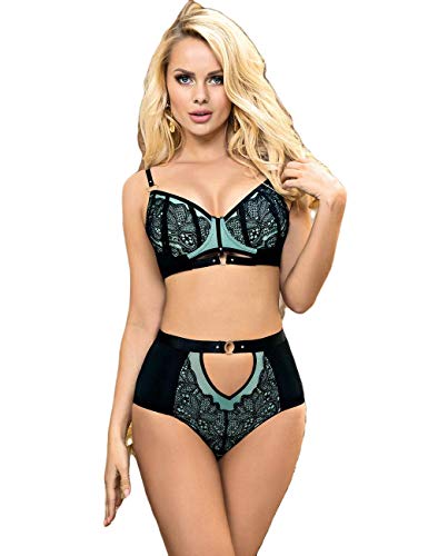 Comfy Hour Women's Exquisite Sexy Lace Splice Bra Set with Underwire, Blue, Medium