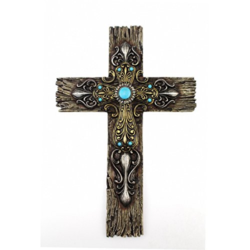 Comfy Hour Faith and Hope Collection 12" Wood Wall Hung Classic Cross, Stone Resin Sculpture, Christmas Gift, Multi-Color