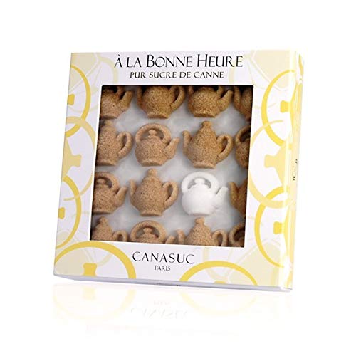 The French Farm Canasuc Paris, A La Bonne Heure, Pur Sucre de Canne,"Window Gift Box" of 32 Assorted French Molded Teapot Sugar Pieces, White & Amber, 3.35 Oz