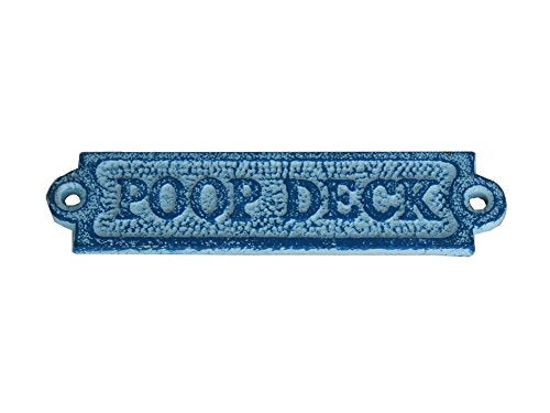 Hampton Iron Rustic Light Blue Whitewashed Cast Iron Poop Deck Sign 6" - Metal Wall Plaque -