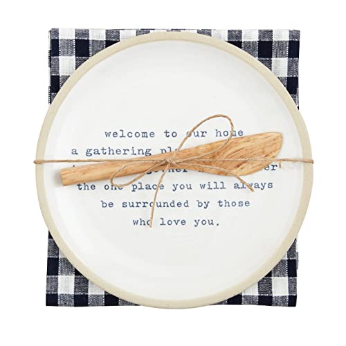 Mud Pie Welcome Appetizer Plate Set, plate 6 1/2" dia | towel 26" x 16 1/2" | spreader 5 1/2"