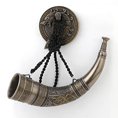 Unicorn Studio Sigur Slaying Fafnir Viking Horn with Dragon Wall Mount Cold Cast Resin Antique Brozne Finish (Horn with Wall Plaque)
