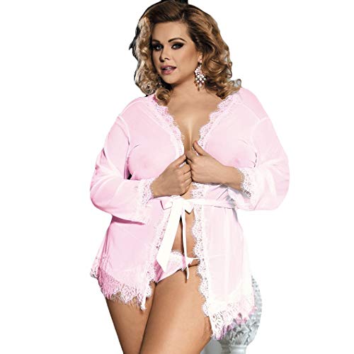 Comfy Hour Women's Pink Sexy Sheer Lace Trim Robe with G-String Lingerie, X-Large