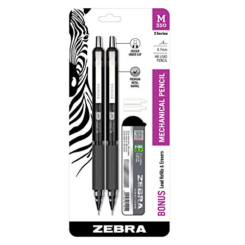 Zebra Pen M-350 Mechanical Pencil, Space Black Premium Metal Barrel, Medium Point, 0.7mm, 2-Pack with Lead and Eraser Refills