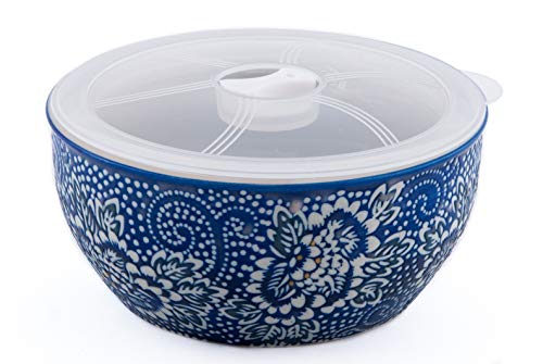 FMC Fuji Merchandise Microwave Ceramic Bowl With Lid Ideal For Food Prep Food Storage Meal Planning (Blue Floral 6")
