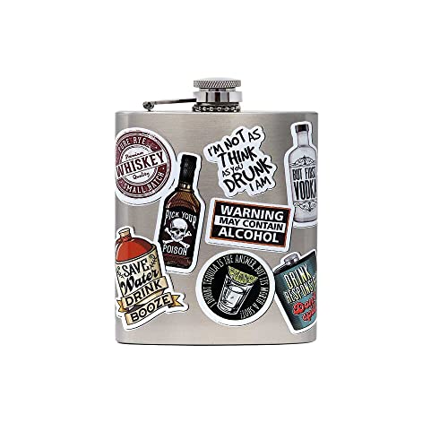 Spoontiques - Stainless Steel Hip Flask - Functional Drinkware - 7 Ounce Liquid Capacity with Stainless Steel Refill Funnel - 4 ¾” Tall - Gift for Birthday, Bachelor or Bachelorette Party - Drinking Sticker Art