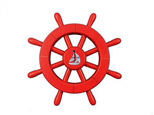 Hampton Iron Red Decorative Ship Wheel with Sailboat 12" - Sailing Ship Wheel - Beach Decor