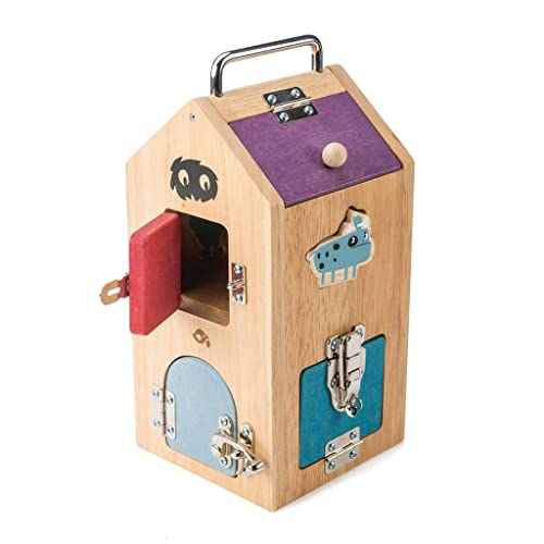 Tender Leaf Toys Wooden Monster Lock Box - 8 Different Doors with Various Lock Mechanisms Helps Develop Probelm Solving Skills - 3 +, Multicolor, 6.5" x 6.7" x 11.7"