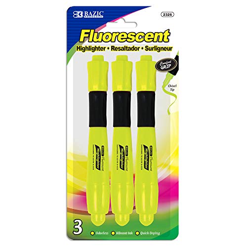 BAZIC Highlighter Yellow Color Desk Style, Soft Grip Chisel Tip Broad Fine Line Highlighters, Unscented Coloring Marker (3/Pack), 1-Pack