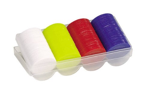 CHH POKER CHIP SET OF 100 PLASTIC CHIPS IN RED,BLUE, WHITE & YELLOW IN REUSABLE CHIP TRAY/CHIP RACK WITH LID (#2701)