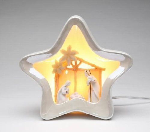 Cosmos Gifts 7 3/8 Inch White Star Shaped Night Light with Nativity Scene Center