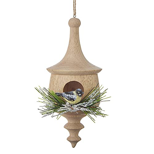 RAZ Natural Wood Birdhouse with Chickadee Ornament, 5.75-inch Length
