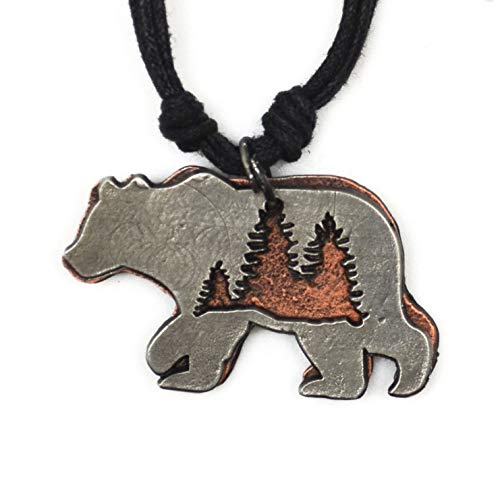 ANJU JEWELRY Pewter Cotton Cord Necklace - Bear with Pine Trees