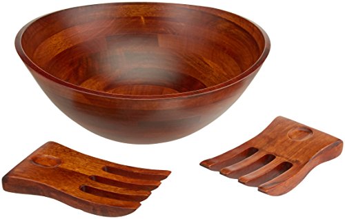 Lipper International 294-3 Cherry Finished Wavy Rim Serving Bowl with 2 Salad Hands, Large, 13" x 12.5" x 5", 3-Piece Set