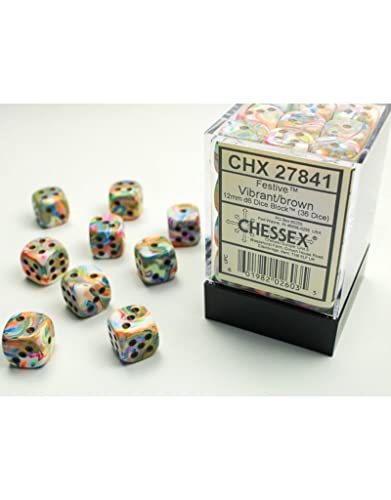 DND Dice Set-Chessex D&D Dice-12mm Festive Vibrant and Brown Plastic Polyhedral Dice Set-Dungeons and Dragons Dice Includes 36 Dice ‚Äì D6 (CHX27841)