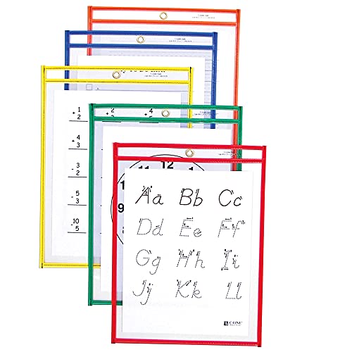 C-Line Reusable Dry Erase Pockets, 9 x 12 Inches, Assorted Primary Colors, 5 Pockets per Pack (40630)