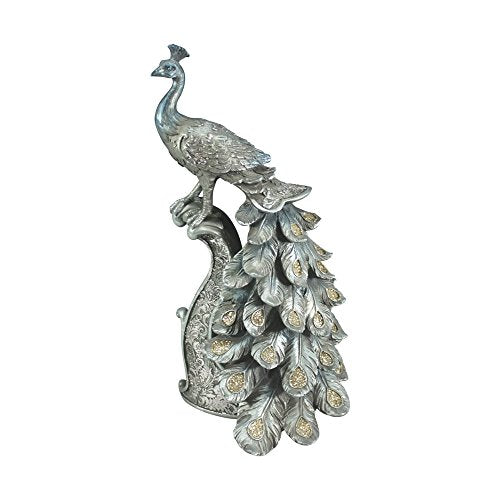 Comfy Hour Peacock Decor Collection 13" Decorative Peacock Standing On Pillar Figurine, Blue Silvery, Collectable, Sequined Twinkling On Feather, Polyresin