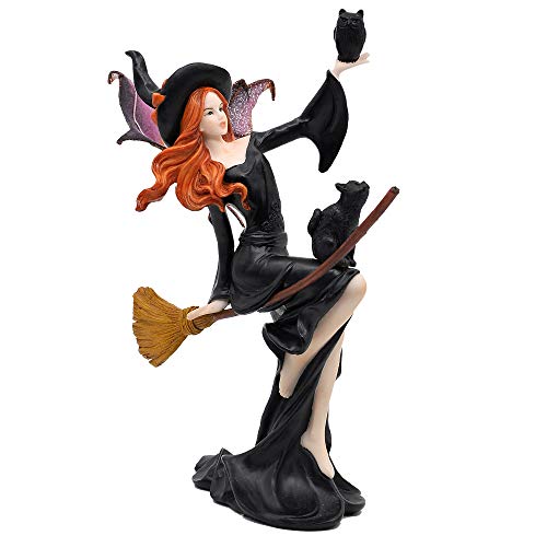 Comfy Hour Fairyland Collection 9 Dark Fairy Witch On Magic Broom with Black Cat Figurine, Halloween Theme Gift, Home Decoration and Collectibles, Polyresin