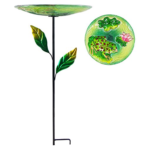Comfy Hour Bird Meets Garden Bath Collection 23" Frog Lotus Flower Glass Birdbath Birdfeeder Metal Art Garden Stake with Leaves