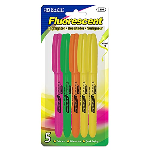 BAZIC Neon Highlighter Assorted Color Pen Style, Chisel Tip Broad Fine Line Highlighters, Unscented Highlighting Coloring Marker (5/Pack), 1-Pack