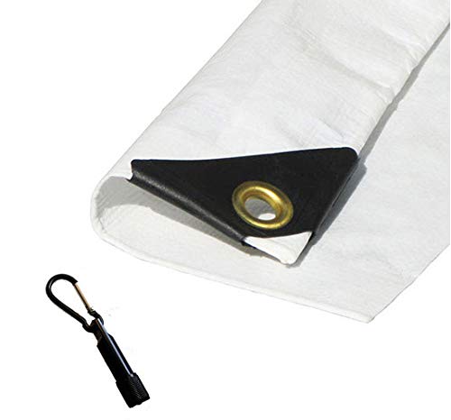 EZ Travel Distribution 12' X 30' Heavy Duty Waterproof White Tarp with Reinforced Corners Bundled with Carabiner Flashlight