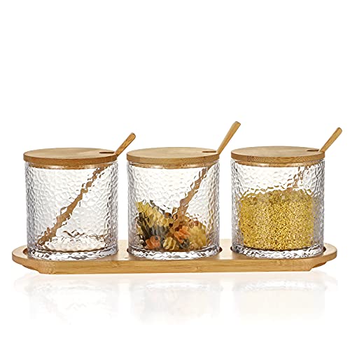 Everest Global Omita Condiment Seasoning Pots with Bamboo Lids and Spoons set of 3, Muti-Functional Hammered Glass Canisters Containers for Sugar, Serving Tea, Coffee, Spice, Food - for Kitchen, Coffee Bar and Home