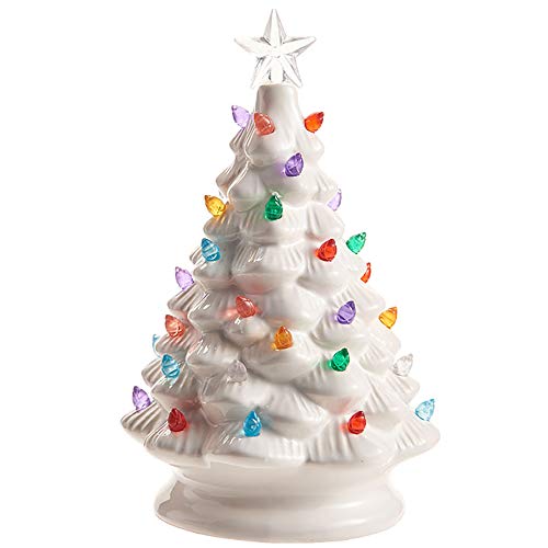 Raz White Ceramic Light Up Christmas Tree Tabletop Figurine, 8 Inch