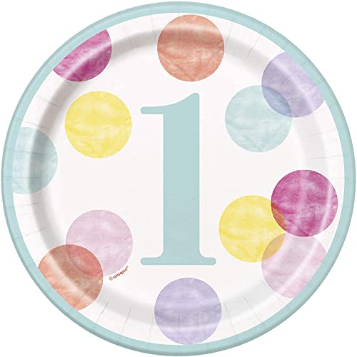 Unique Industries Unique 73284 Pink Dots 1st Birthday Round Dessert Party Plates, 8 Ct.