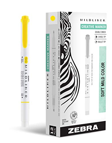 Zebra Pen Mildliner, Double Ended Highlighter, Broad and Fine Tips, Lemon Yellow, 12-Count