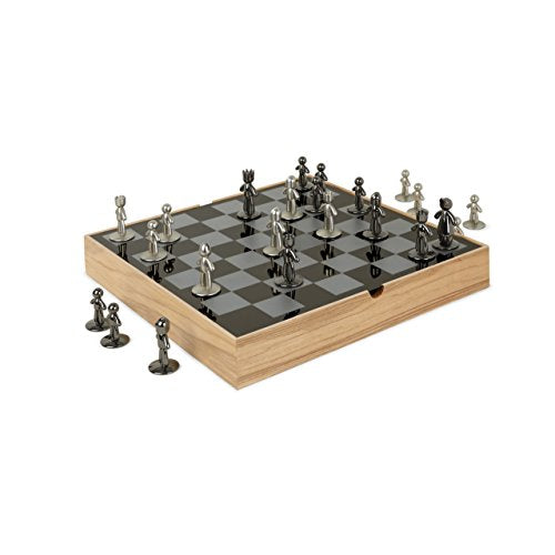 Umbra Buddy Chess Set For Kids & Adults Modern Original Chessboard Game Made of Metal With Nickel & Titanium Finish Measures 13 x 13 by 1 Áøª Inch (33 x 33 x 3.8 cm) - Velvet Bottom for Easy Moving