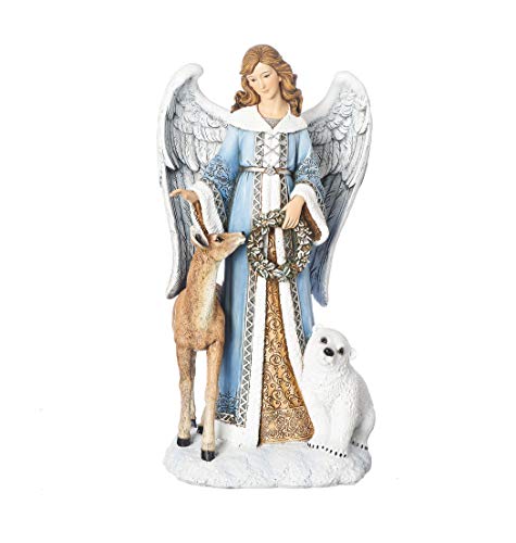 ROMAN 13"BLUE ANGEL W/DEER BEAR FIG HOLDING WREATH