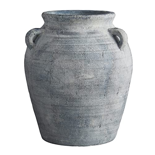 Creative Brands 47th & Main Old World Style Distressed Terracotta Planter Pot Vase with Handles for Flowers Plants and More, 12" Tall, Grey