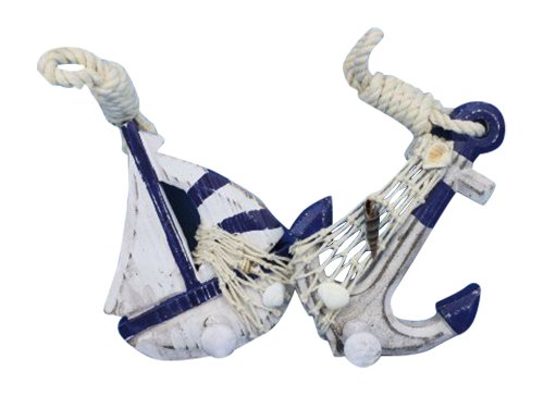 Hampton Iron Wooden Rustic Blue Sailboat/Anchor Wall Accent with Hook Set, 6"