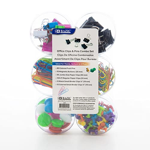 BAZIC Push Pin, Paper Clip, Binder Clip, Magnetic Button Combo | 6 Style | 269 Pcs Office School Supplies, 1-Pack
