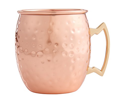 HIC Hammered Copper Moscow Mule Drinking Mug with Contrasting Handle, Copper-Plated 18/8 Stainless Steel, 16-Ounce
