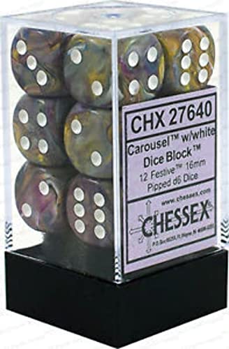 DND Dice Set-Chessex D&D Dice-16mm Festive Carousel and White Plastic Polyhedral Dice Set-Dungeons and Dragons Dice Includes 12 Dice – D6, (CHX27640)