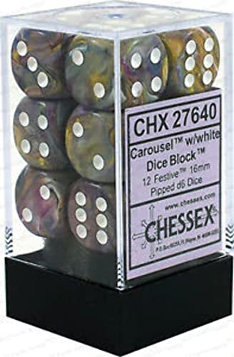 DND Dice Set-Chessex D&D Dice-16mm Festive Carousel and White Plastic Polyhedral Dice Set-Dungeons and Dragons Dice Includes 12 Dice ‚Äì D6, (CHX27640)